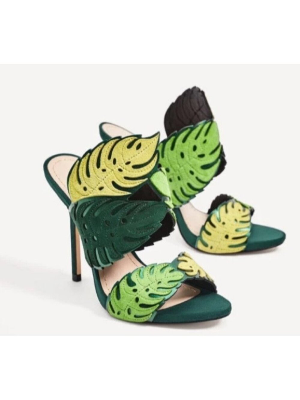 ZARA  SUEDE  MULES GREEN YELLOW LEAVES STILETTO HEEL Sz 37 US 6.5